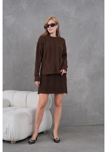 Kadın Bisiklet Yaka Saç Örgü Kazak Etek İkili Triko Takım Kahve