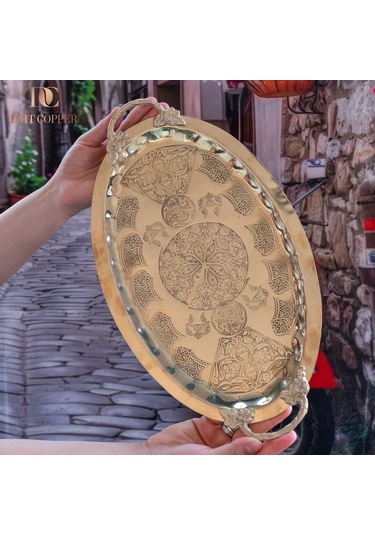 Dmt Gaziantep Bakır 34,5 Cm Osmanlı El İşi Sunum Tepsi Kına Tepsisi 34.5cmx21.5cm Gold