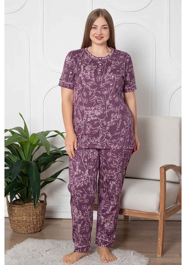 Alimer Kadın Mürdüm Bisiklet Yaka Büyük Beden Pijama Takm 2766b-m Mürdüm