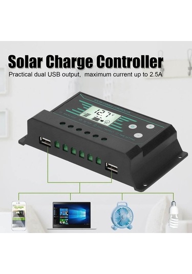 Electric 30a 12v/24v Güneş Şarj Kontrolcüsü, Çift Usb, Lcd Ekranlı, Lampz30 İçin Güneş Paneli Regülatörü