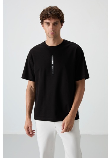 Tommy Life Siyah Pamuklu Kalın Yüzeyi Dokulu Oversize Fit Baskılı Erkek T-shirt - 88366 Siyah