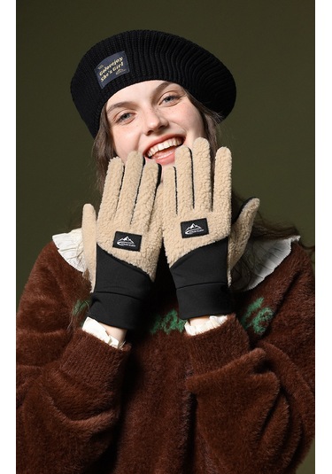 Snapbuy Unisex Kışlık, Parmak Açılır Dokunmatik, Kalın Peluş Eldiven Camel