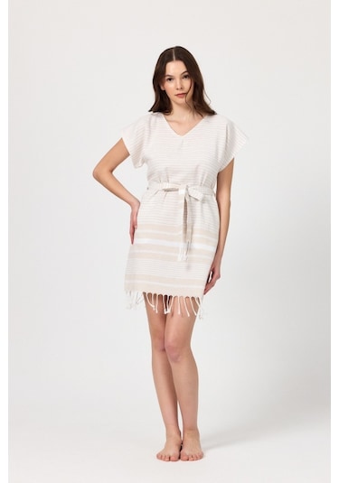 Mulberry Katya Plaj Elbisesi Tunik Pareo %100 Pamuk Bej