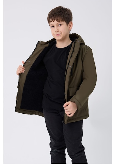 Kız Çocuk Haki İçi Kürklü Su Ve Rüzgar Geçirmez Kapüşonlu 3 Cep Kışlık Mont & Kaban & Parka Haki