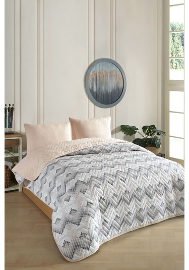 Tek Kişilik Desenli Kapitone Çift Taraflı Renkli Pike Yatak Örtüsü Takımı 160x230 Cm Çarşafsız Bej