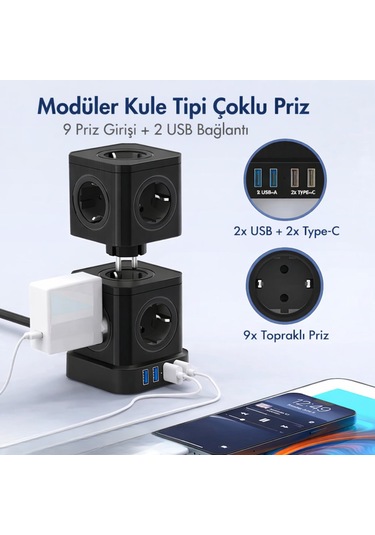 Kule Tipi Çoklu Priz 3680w 9 Lu Topraklı Priz + 2 Usb + 2 Type-c Masaüstü Dikey Akım Korumalı Priz 2 m