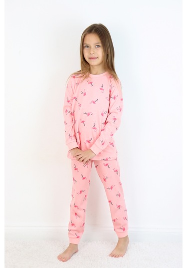 Kız Çocuk Orta Kalınlıkta Basic Baskılı Pijama Takımı Koyu Pembe