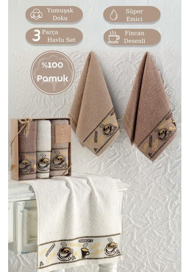 Mutfak Havlu Seti 3 Lü Jakarlı Pamuk Coffee Cup S