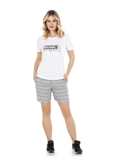 Kadın Dokuma Ekose Şort Takım Yazlık Dowry 06-24 Beyaz
