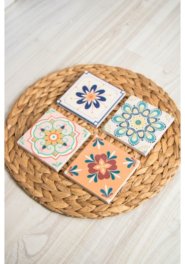 Doğal Taş Bardak Altlığı 4'lü Set 10x10x1 Cm Doğaltaş Çok Renkli