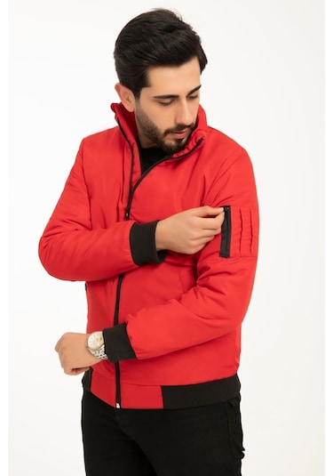 Montland Erkek Kırmızı İçi Astarlı Dik Yaka Mevsimlik Cepli Su Ve Rüzgar Geçirmez Mont Kırmızı