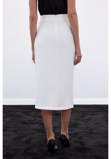 Sateen Düğme Detaylı Kalem Etek - Ekru-136778 Ekru