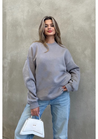 Şeker Pembe Basic Bisiklet Yaka Oversize Sweatshirt Taş