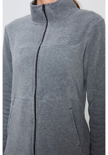 Tommy Life Gri Melanj Kalın Yumuşak Dokulu Dik Yaka Oversize Nakışlı Polar Kadın Eşofman Takım -95339 GRİ MELANJ