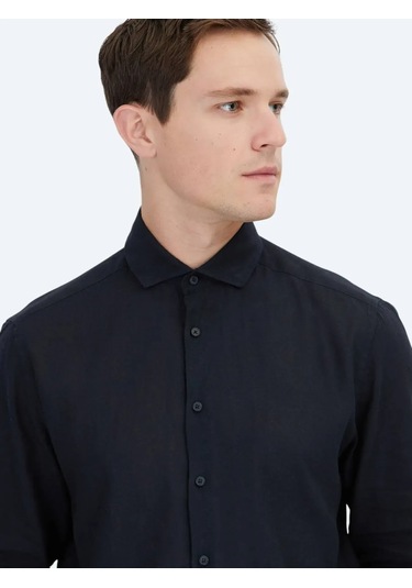 Siyah Düz Dokuma Casual Pamuk Karışımlı Gömlek Siyah