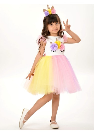 Kız Çocuk Beyaz Unicorn Figürlü Taçlı Elbise Pembe