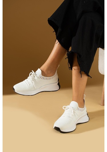 Shoetek Faina Kadın Sneakers Triko Dokumalı Bağcıklı Spor Ayakkabı Beyaz Beyaz