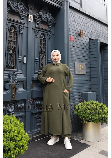 Kadın Haki Aerobin Uzun Önü Yarım Fermuarlı İkili Takım T1216 Haki