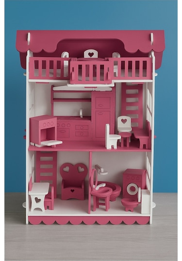 Ahşap Oyun Evi 32 Parça Koyu Pembe