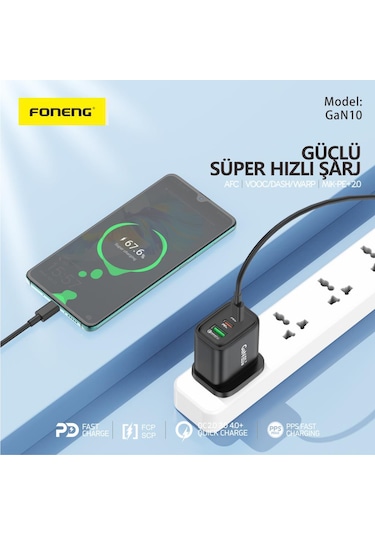 Foneng Gan10 Gan 65w 2x Type-C - 1x USB 3 Girişli Hızlı Şarj Aleti