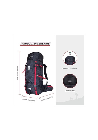 Quickup Hiking Sırt Çantası 65 Litre- Siyah-kırmızı