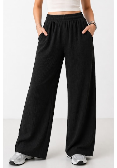 Trend Alisse Beli Lastikli Cepli Bol Paça Kadın Pantolon Siyah