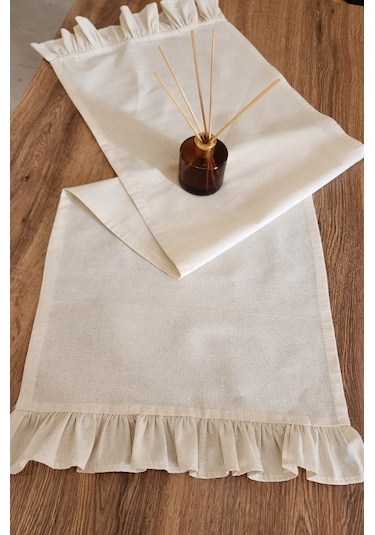 Naturel 2-kenar Fırfırlı Runner Örtü Ham Keten Vintage Bej 40x110