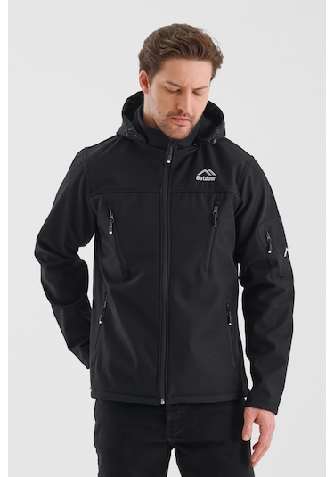 Çıkartılabilen Fermuarlı Kapüşon Cepli İçi Polarlı Su Geçirmez Softshell Erkek Mont Siyah Siyah