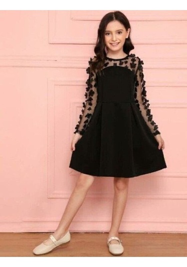 Tül Detaylı Siyah Elbise 2 Siyah