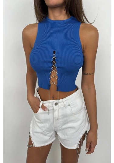 Taş Detay Dekolteli Crop Bluz Saks