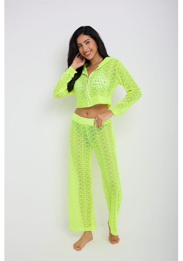 Kapuşonlu Dantel Bluz Neon Yeşil