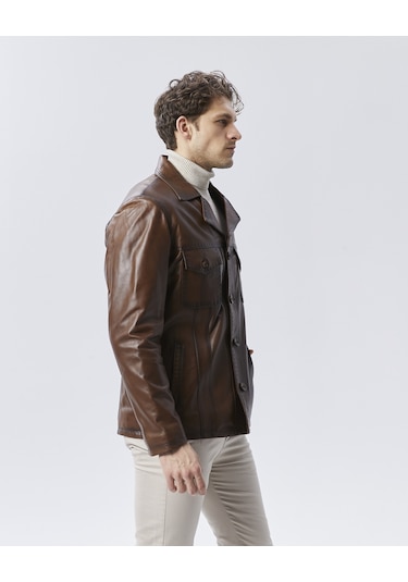 Hakiki Deri Ceket Karartmalı Koyu Kahverengi