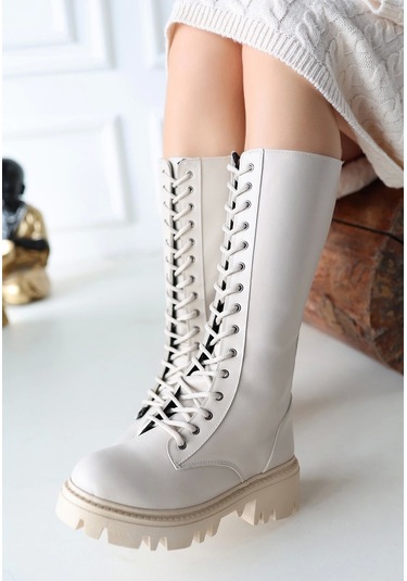 Uliza Bej Cilt Bağcıklı Kadın Çizme Bej