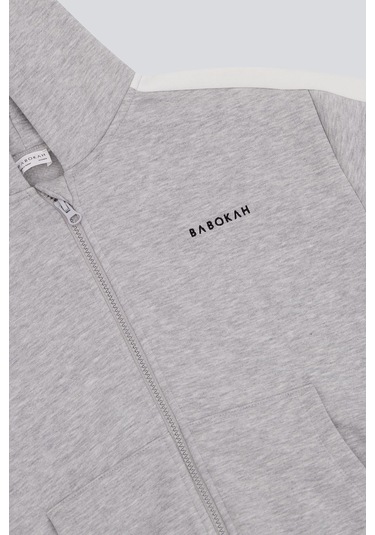 Kids Boy Blok Renkli Fermuarlı Kapüşonlu Sweatshirt Gri̇ Gri