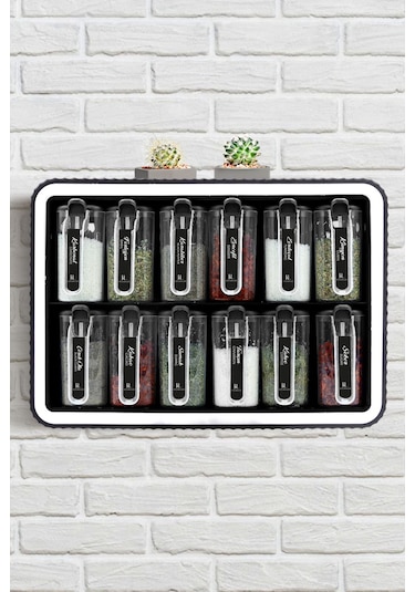 Kitchen Life 12 li Kendinden Yapışkanlı Kapaklı Kaşıklı Standlı Baharatlık Takımı Baharatlık Seti Kulplu Etiketli Beyaz - Siyah