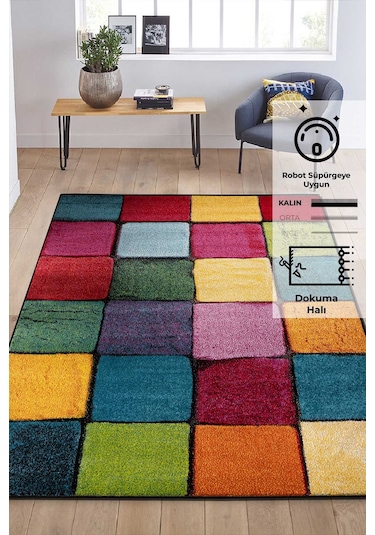 Konfor Halı Renkli Kare Duvar Taşı Modern Dokuma Halı