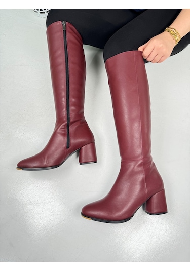 Günlük Kadın Yüksek Kalın Topuklu Fermuarlı Diz Altı Rahat Çizme 3001 Bordo