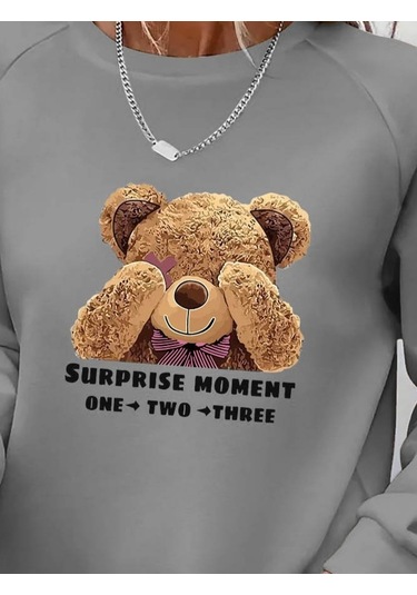 Ahes Shopping Kadın Uzun Kollu Bisiklet Yaka Ayıcık Desenli Viskon Iki Iplik Bluz Gri