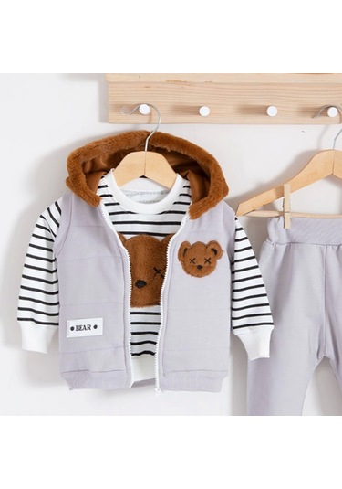 3-18 Ay Erkek Bebek Takımı Peluş Ayıcık Kapişon 3'lü Gri