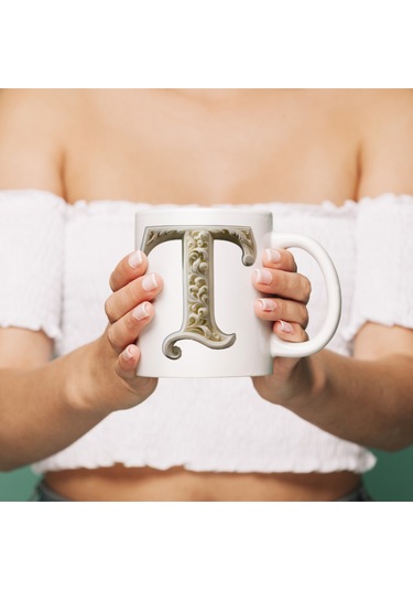 T Harfi Bardak, Monogram 330 Ml Barok Oymalı Görünüm Beyaz