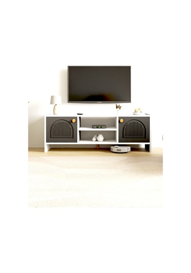 Molde Bohem Tv Sehpası Mdf Membran Kapaklı Raflı Tv Ünitesi Televizyon Sehpası Beyaz - Antrasit