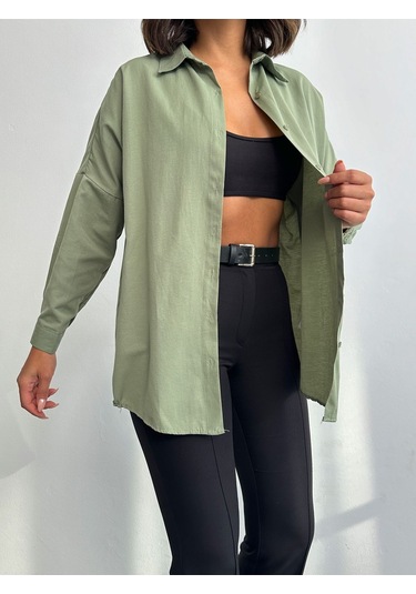 Kadın Oversize Uzun Basic Gömlek Haki