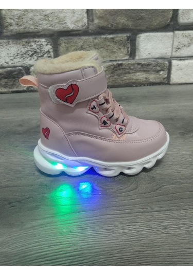 İçi Kürklü Kaydırmaz Kauçuk Taban Su Geçirmez Işıklı Çocuk Botu Pudra