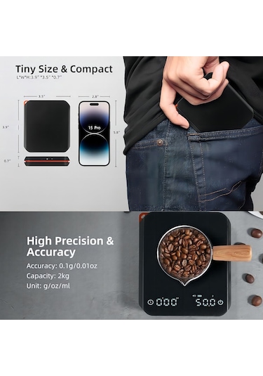 Fosenze Kahve Ölçeri, 3 Modlu, 0.1g Hassasiyetli, 2kg Kapasite, Zamanlayıcı, Usb Şarjlı, Siyah, Kahve Harcı Ve Pişirme İçin Siyah