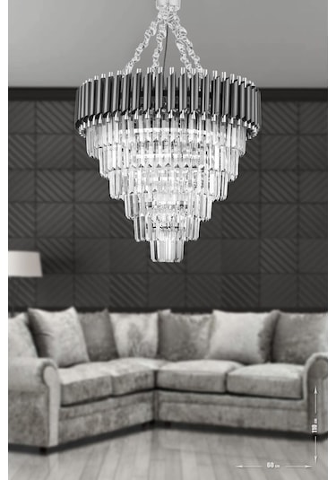 Palmira 60 Cm'lik Kristal Taşlı Lüks Avize 6'lı - Siyah-krom Siyah-Krom