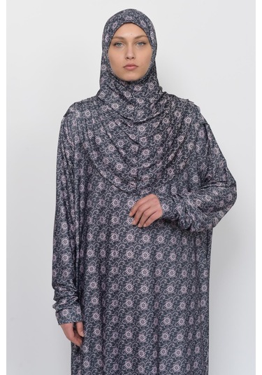 Pratik Tek Parça Güneş Desenli Kollu Tak Çıkar Başörtülü Likralı Tesettür Namaz Elbisesi 990-0302 Siyah