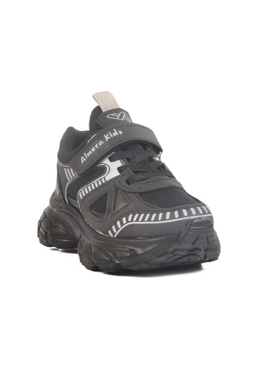 Siyah Cırtlı Fileli Unisex Çocuk Spor Ayakkabı 1500 P Siyah