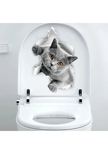 Tenfowee Banyo Tuvaleti Koltuğu Dekoratif Sticker - Mavi Kedi Desenli, Su Geçirmez, Kir Bağlamaz, Kalıcı Pvc Materyal Gri