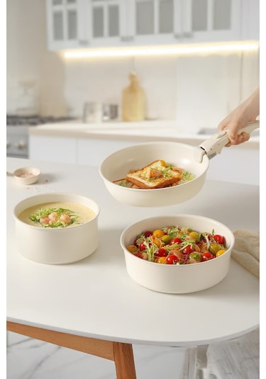 Cookpro Beige 15 Parça Ayrılabilen Saplı Iç Içe Geçebilen Indüksiyonlu Seramik Kaplama Tencere Seti Beıge Bej