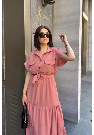 Gül Kurusu Kısa Kol, Airobin Kumaş, Yarım Patlı, Kuşaklı, Eteği Pliseli, Cepli Maxi Uzun Elbise Pembe
